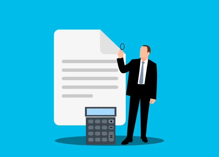Vector illustration of a businessman inspecting a registration document with a magnifying glass next to a calculator, representing getting a trade license in the czech republic.