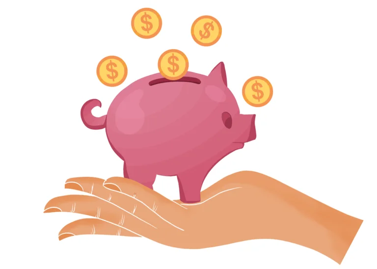 A flat vector illustration of a pink piggy bank resting on an open palm, with five golden coins marked with dollar signs floating down into the coin slot against a solid white background.