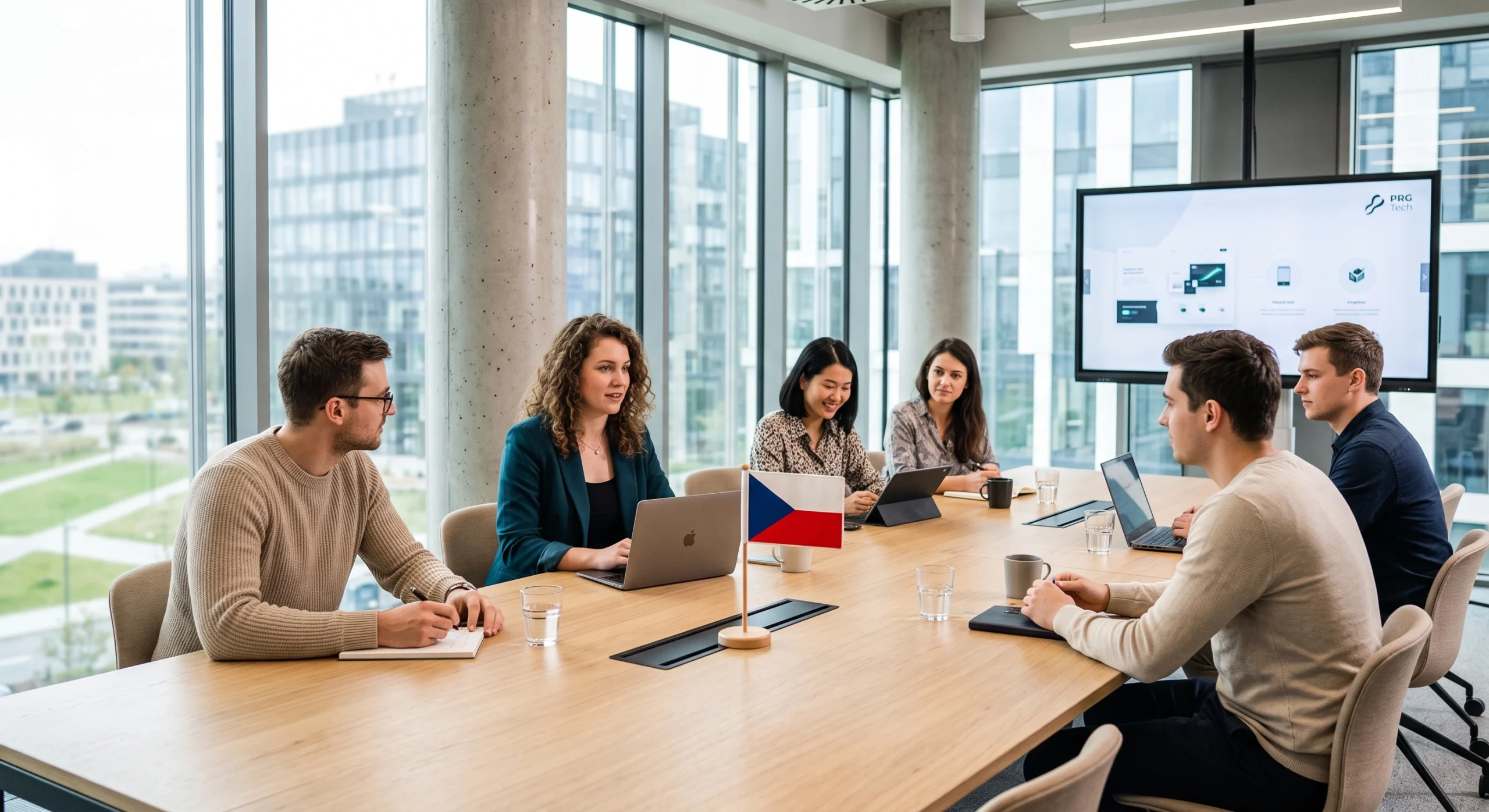 Modern business meeting in Prague with a small Czech Republic flag on the table, symbolizing the updated Czech labor market and employee card hiring process for foreigners.