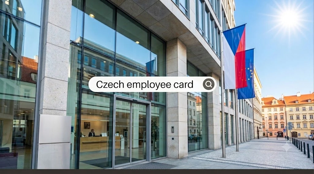 Modern glass office building in Prague with a Czech flag and a search bar reading Czech employee card.