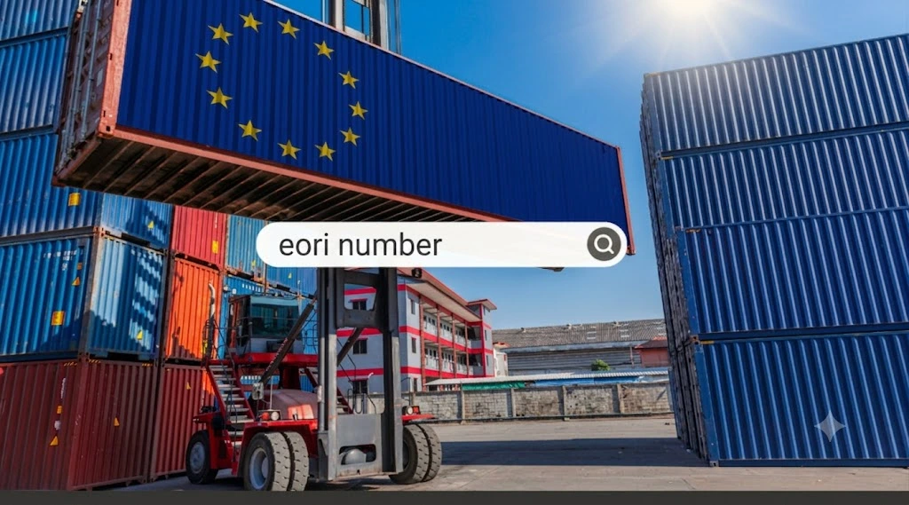 EU flag shipping container at freight terminal with search bar displaying eori number for Czech customs clearance