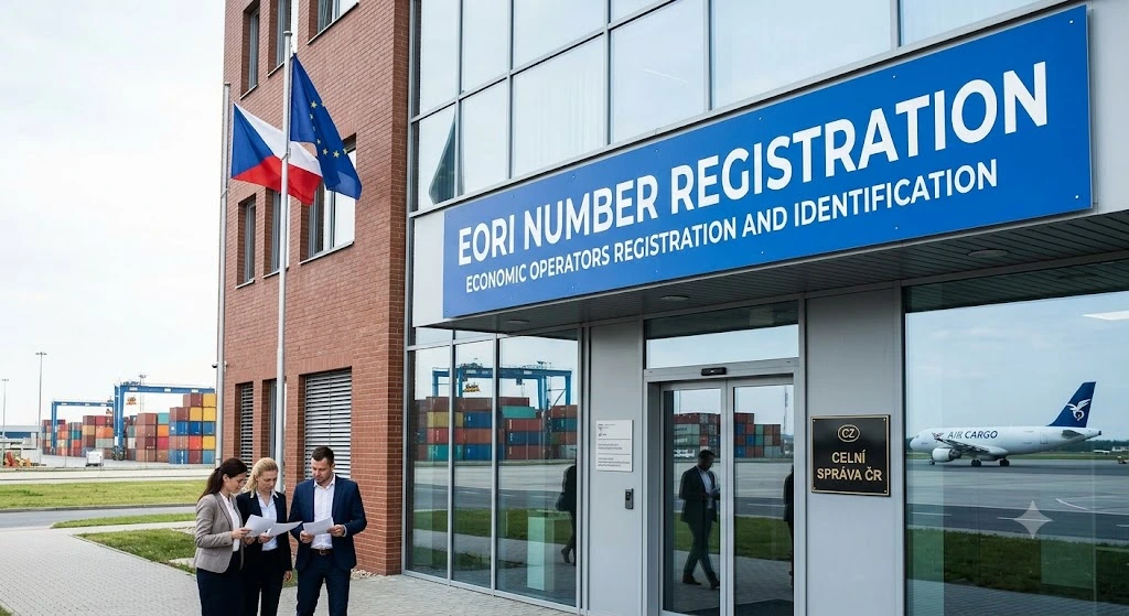 Czech Customs office building with EORI Number Registration signage, Czech and EU flags, and logistics cargo