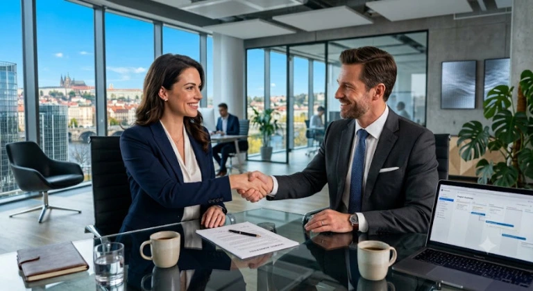 czech-sro-company-formation-service A businesswoman and businessman in suits shaking hands across a glass conference table in a modern Prague high-rise office, finalizing official company documents with the city skyline and Prague Castle visible in the background.