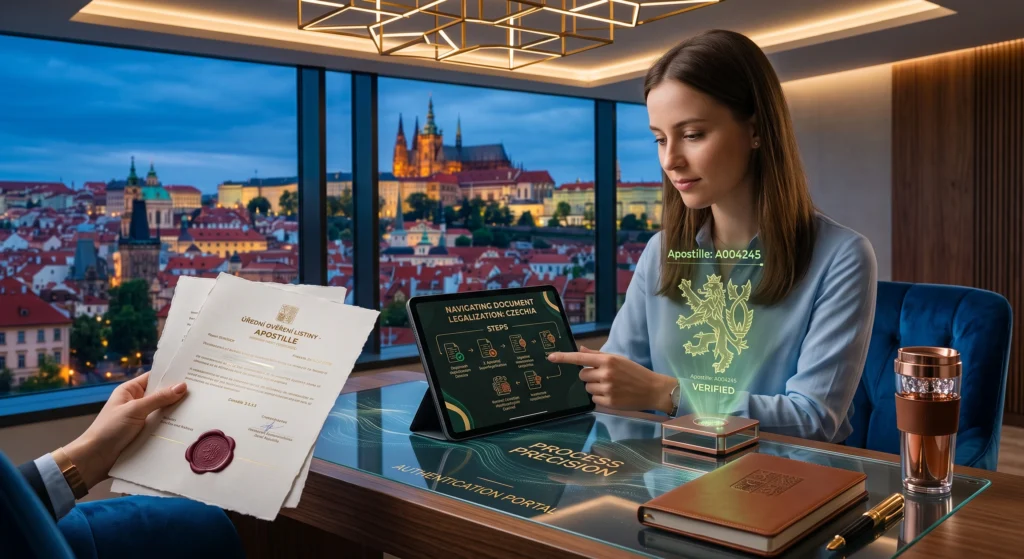 Professional reviewing Czech document legalization steps on a digital tablet alongside apostille-certified paperwork and a verified Czech seal in Prague.