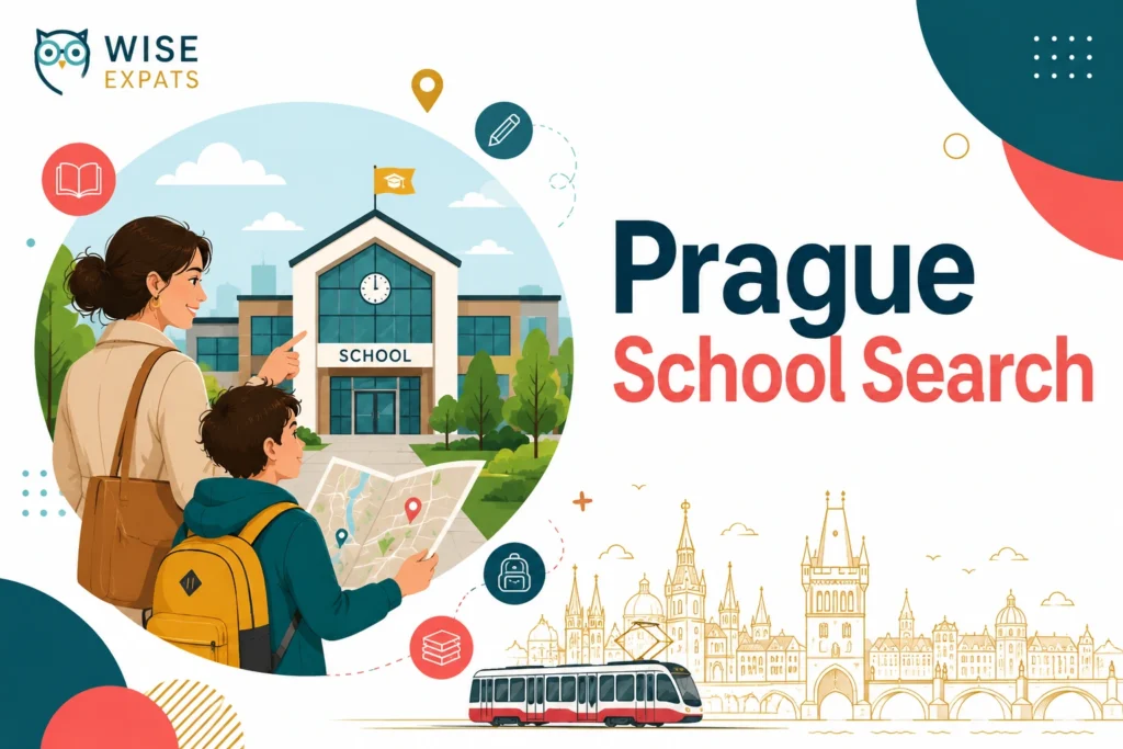 Wise Expats illustration of a mother and son looking at a map in front of a Prague school building for an expat school search guide.