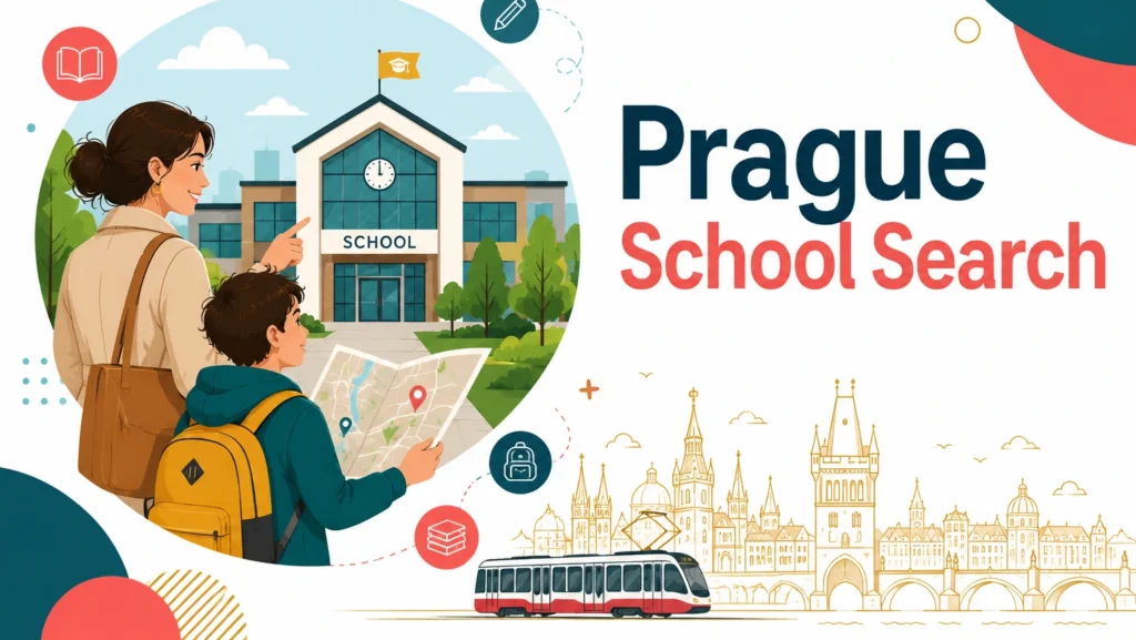 Wise Expats illustration of a mother and son looking at a map in front of a Prague school building for an expat school search guide.