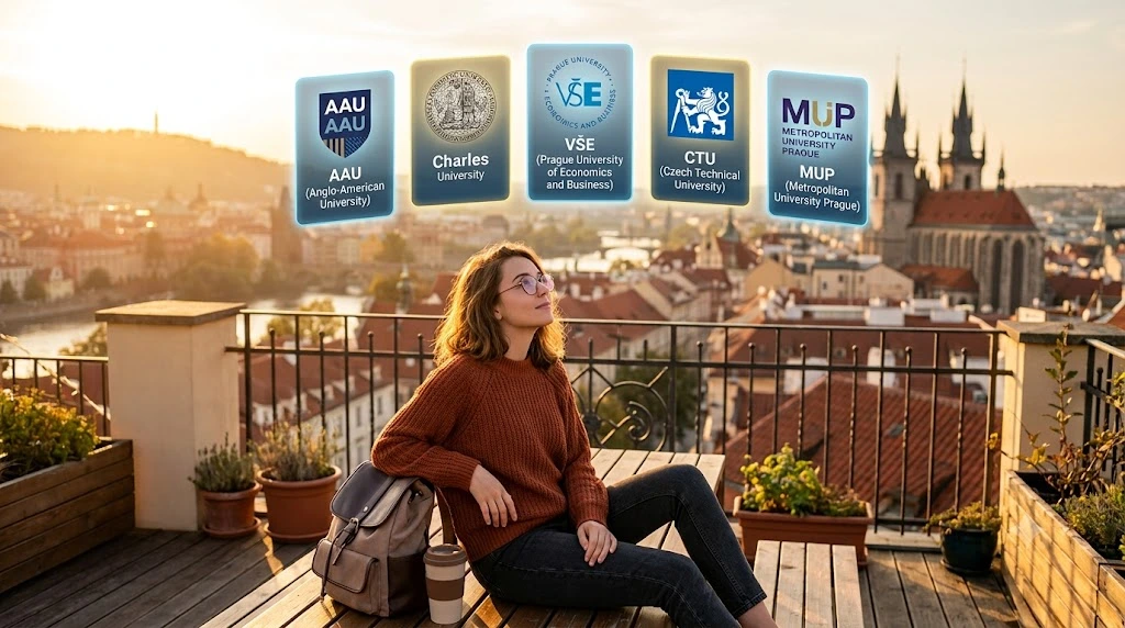 International student on a Prague rooftop reviewing the best universities in Prague including AAU, Charles University, VŠE, CTU, and MUP.