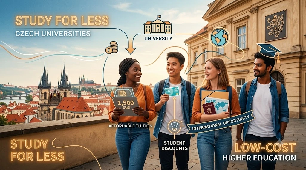 Group of international students in Prague with icons highlighting cheap universities in Czechia and low tuition fees.