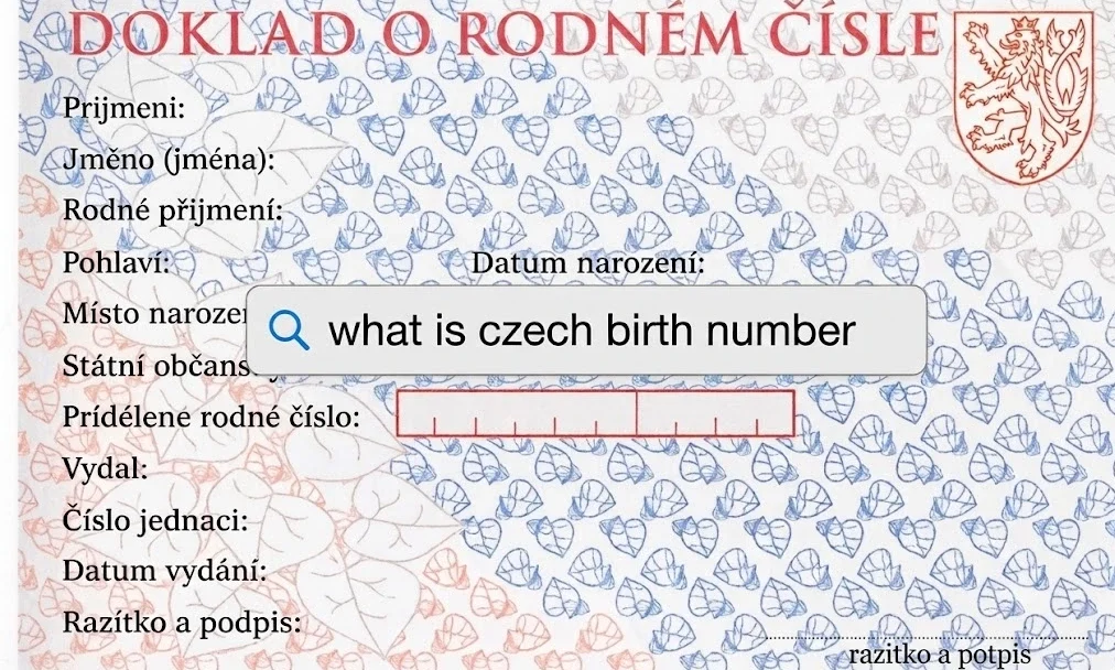Official Czech birth number certificate Doklad o rodnem cisle with a central search bar reading what is czech birth number