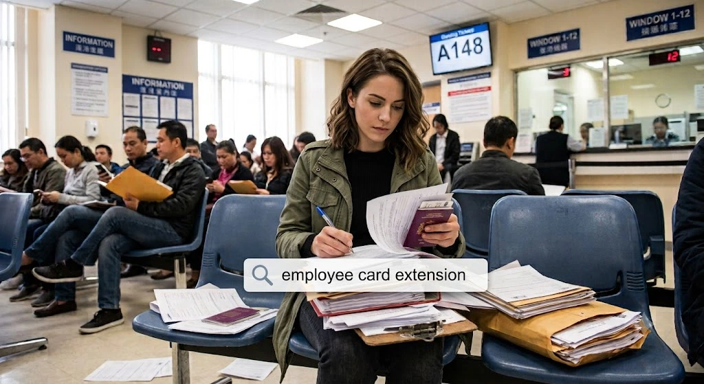 czech-employee-card-extension-guide Young woman sitting in an OAMP immigration office with document files for a Czech employee card extension.