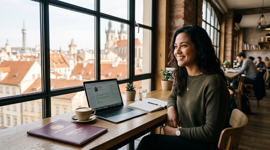 International graduate in Prague holding a university diploma, utilizing Czech job seeker residence permit relocation assistance.