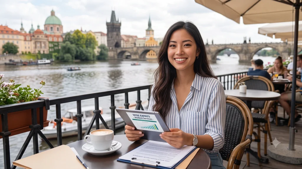 Non-EU student reviewing Czech student visa application documents at a cafe in Prague.