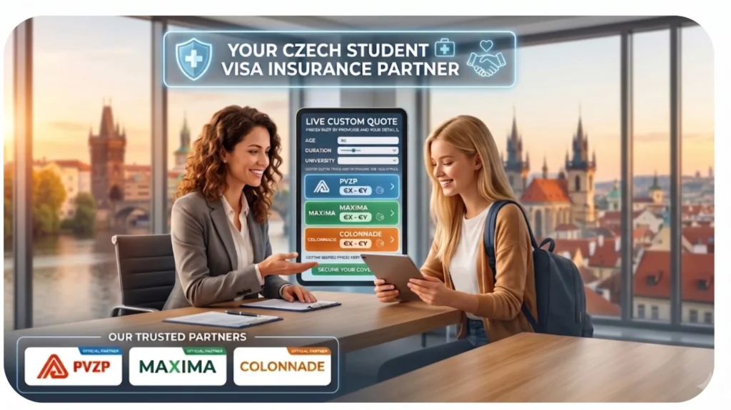 Advisor helping an international student compare PVZP, Maxima, and Colonnade health insurance quotes in Prague for a Czech visa.