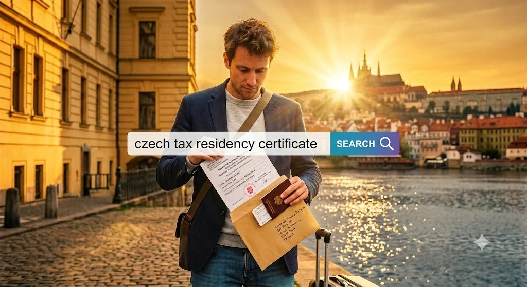 French expat holding an official Czech tax residency certificate Potvrzeni o danovem domicilu and passport in Prague with a search bar reading czech tax residency certificate