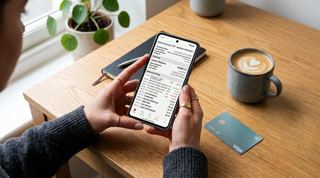 Person reviewing an electronic bank statement on a smartphone next to a Visa debit card on a wooden desk.