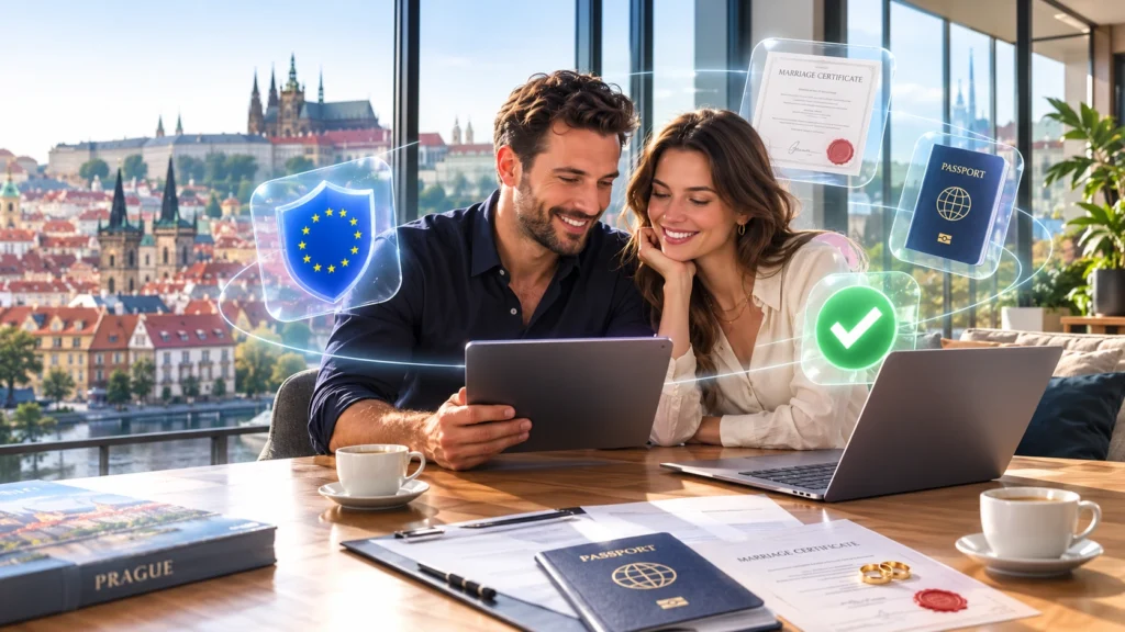 A married couple reviewing application documents on a tablet for an EU family member residence permit in the Czech Republic with a Prague city backdrop.