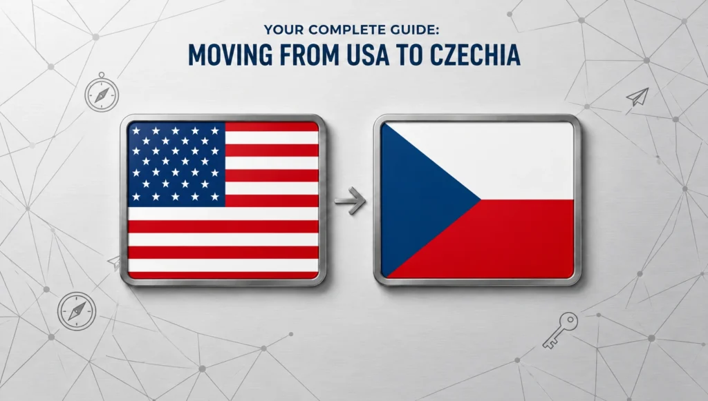Complete guide banner for moving from the USA to Czechia featuring US and Czech flags in metallic frames