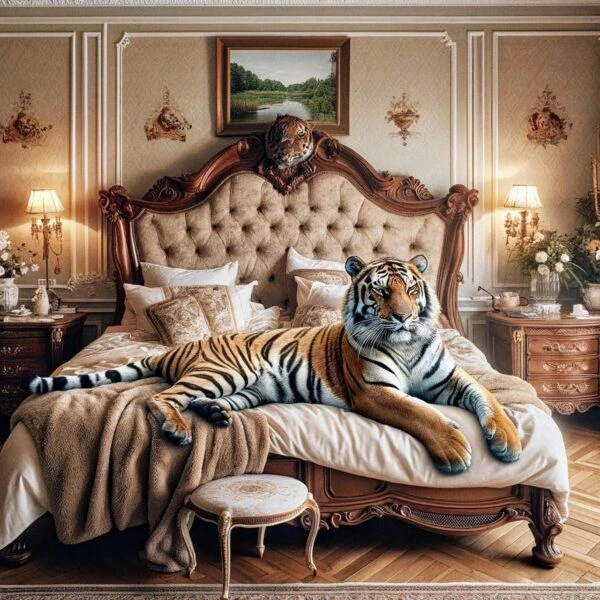 A tiger relaxing on an ornate luxury bed in a classic apartment interior, symbolizing how to master the Prague rental market.