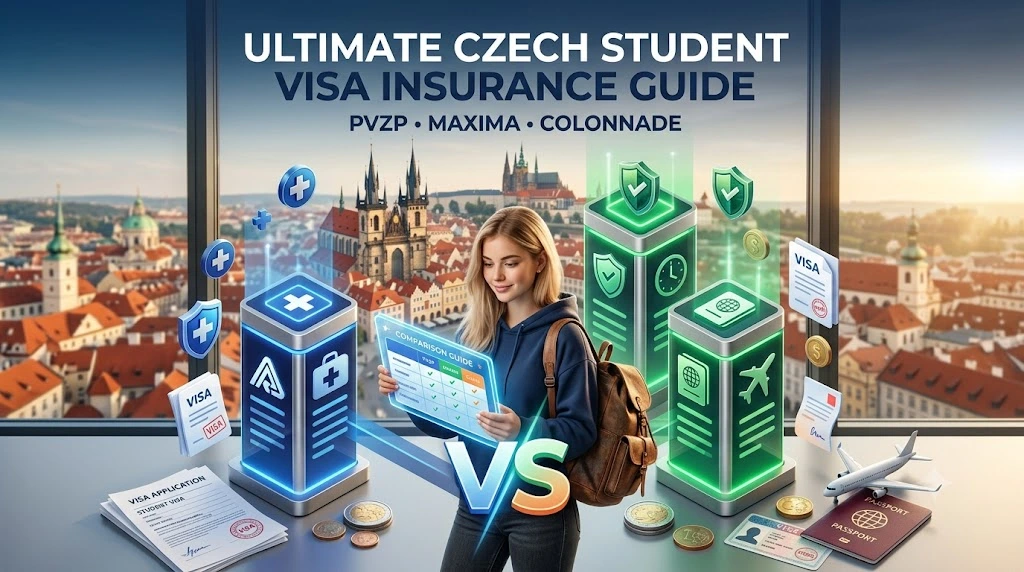 Blonde international student in Prague reviewing a digital comparison guide for PVZP, Maxima, and Colonnade Czech visa health insurance