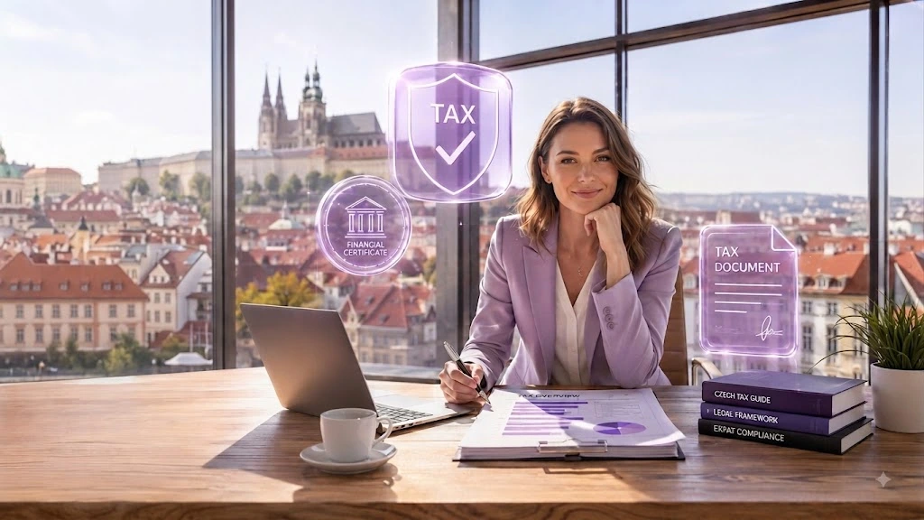tax-residency-certificate-czech-republic-guide A professional reviewing paperwork for a Tax Residency Certificate in the Czech Republic at a desk in a modern Prague office.
