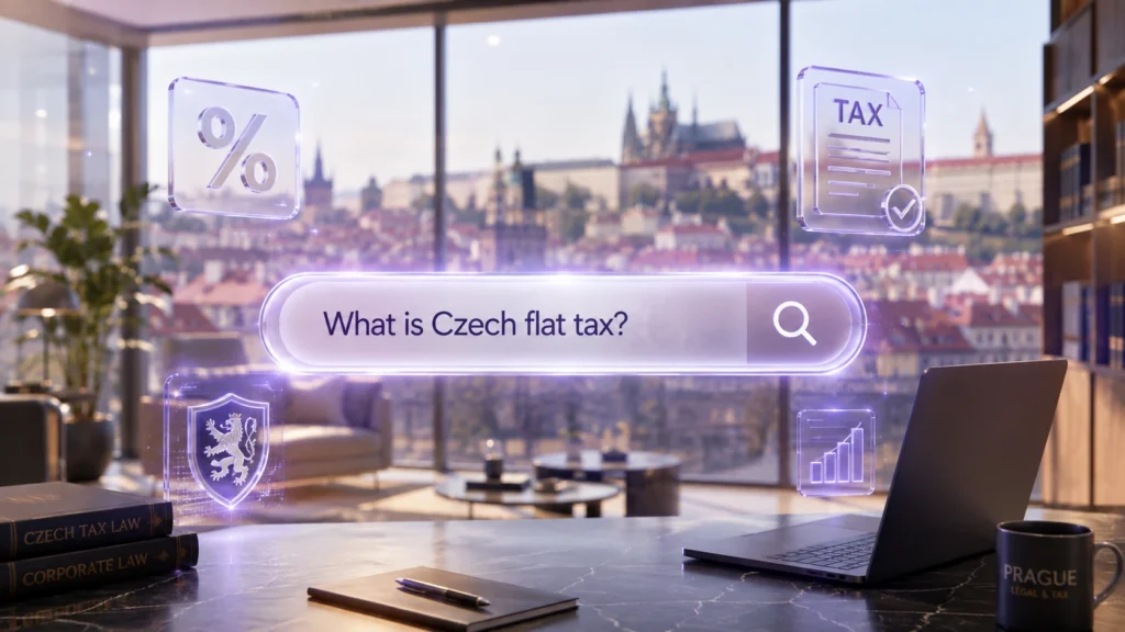 A search bar displaying 'What is Czech flat tax?' floating over a Prague office desk with tax icons and Prague Castle in the background.