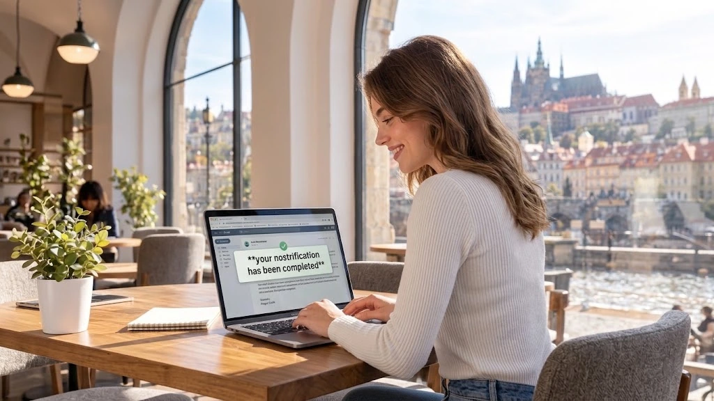 Czech nostrification guide: international student in Prague viewing confirmation of her approved foreign diploma recognition.
