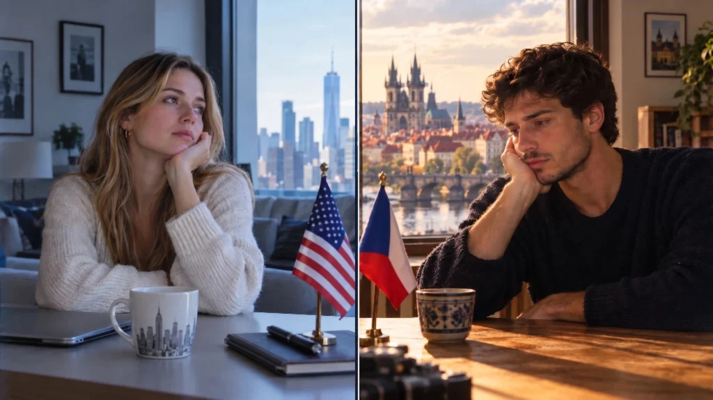 Split screen of an American woman and a European man separated across borders, illustrating long-distance hurdles solved by Wise Expats Czech partner visa assistance in Prague.