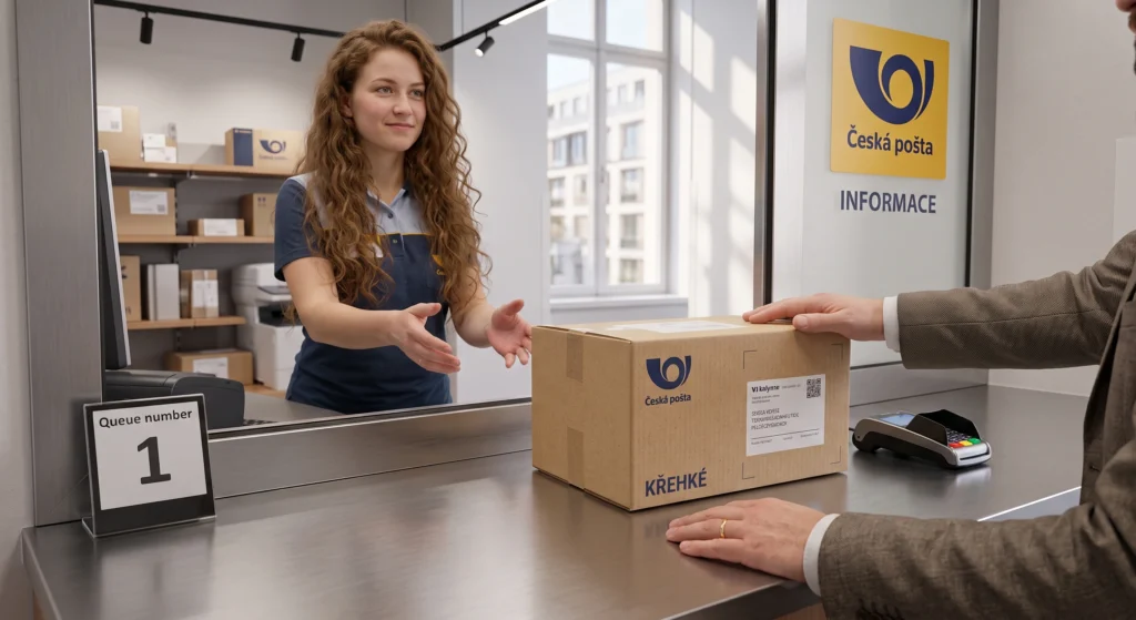 Customer handing over a parcel at a Česká pošta counter in Prague, Czech Republic