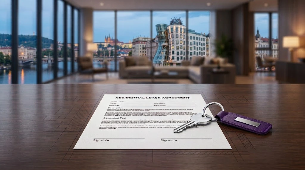 Czech residential lease agreement with apartment keys overlooking the Prague skyline, illustrating how to verify property ownership on Katastr nemovitostí.