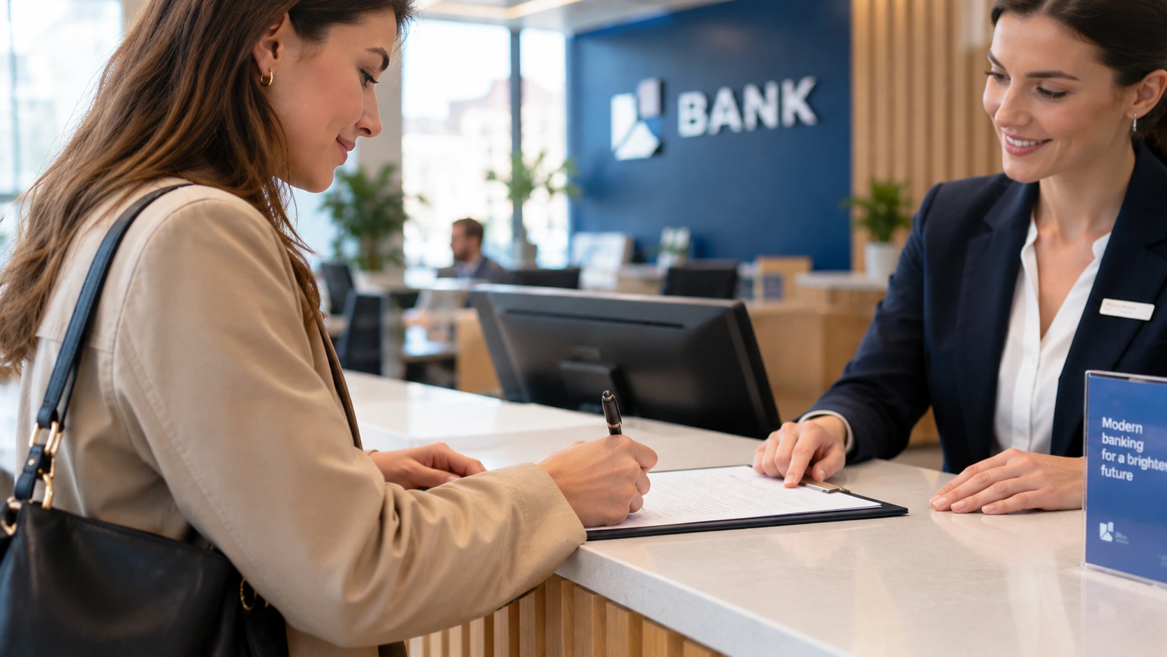 Expat signing bank registration documents at a Czech bank counter in Prague with a customer service specialist.