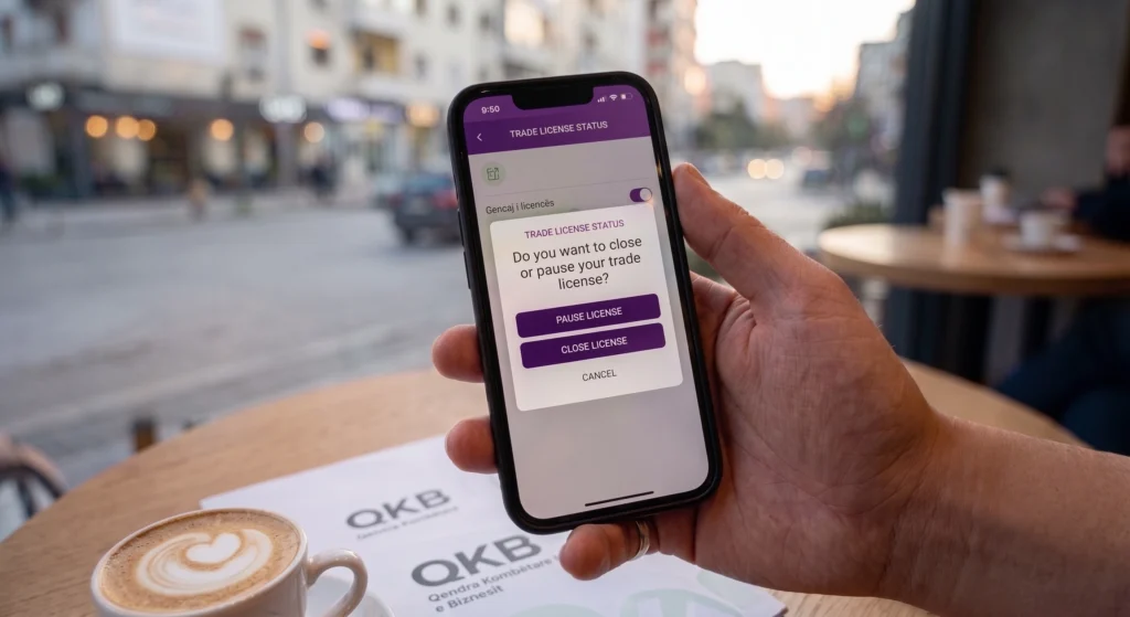 Hand holding smartphone showing digital prompt to pause or close a trade license on a mobile screen.