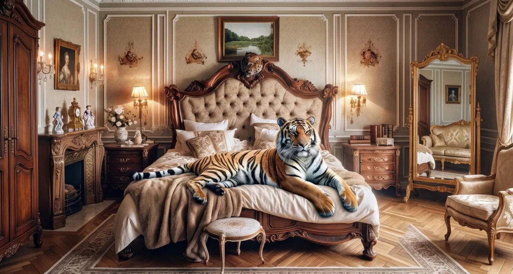 Surreal illustration of a large tiger lounging on an ornate king bed, symbolizing the fierce competition and landlord rules in the Prague apartment rental market.