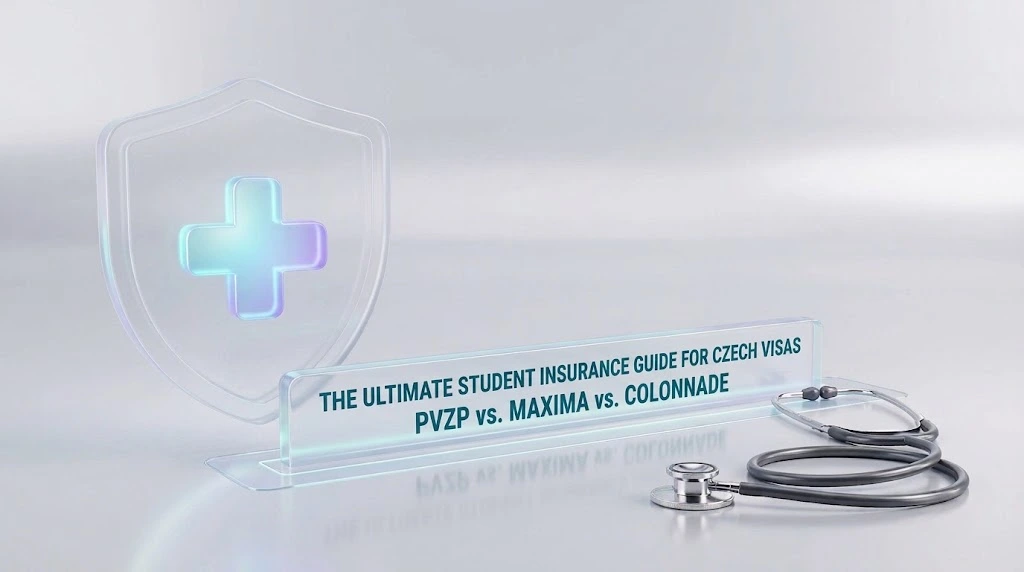 Minimalist 3D glass medical shield and stethoscope with text for the Czech visa student health insurance guide comparing PVZP, Maxima, and Colonnade.