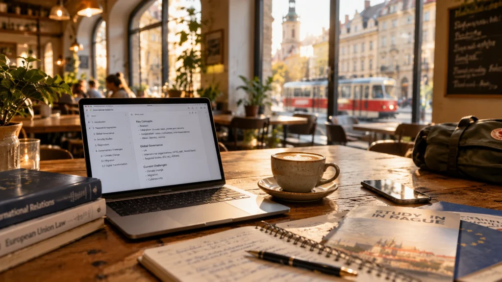 Laptop with study notes, coffee, and textbooks on a wooden table in a Prague café with a red tram outside.