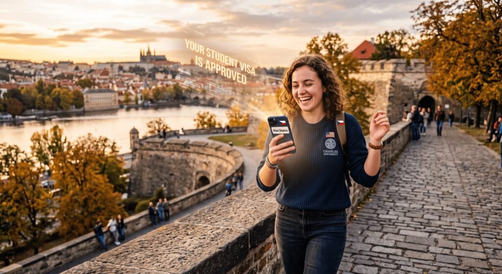 A smiling international student in a generic "Prague University" style sweater stands on historic walls overlooking Prague Castle and the Vltava River at sunset, happily holding her smartphone which displays a clear "STUDENT VISA EXTENSION: APPROVED" notification from the Czech Ministry of Interior (OAMP).