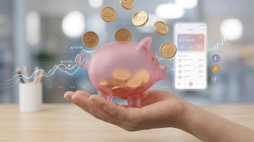 Hand holding a pink piggy bank catching gold CZK coins next to a mobile app interface, illustrating VZP health insurance refunds and Prevention Fund savings.