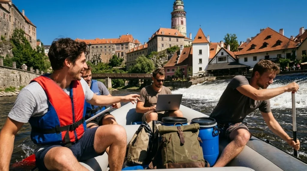 Digital nomad working on a laptop while friends paddle an inflatable raft on the Vltava River below Cesky Krumlov Castle.